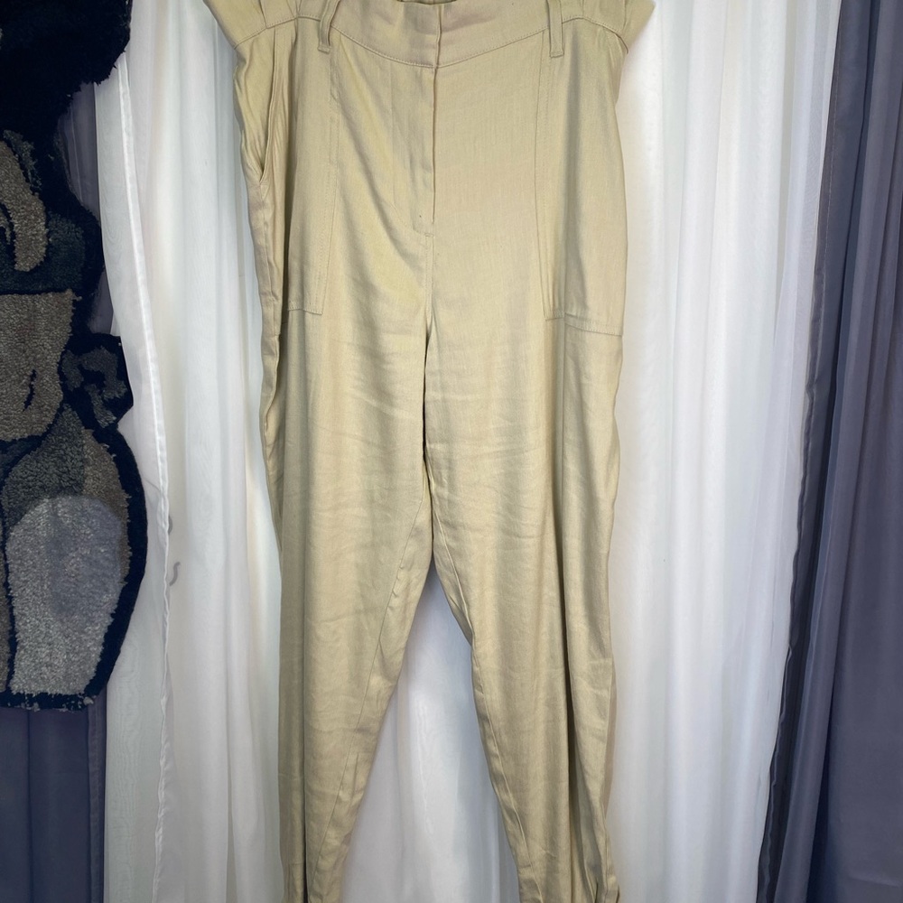 Calvin Klein Light Tan Linen-Blend Paper Bag Waist Pants.